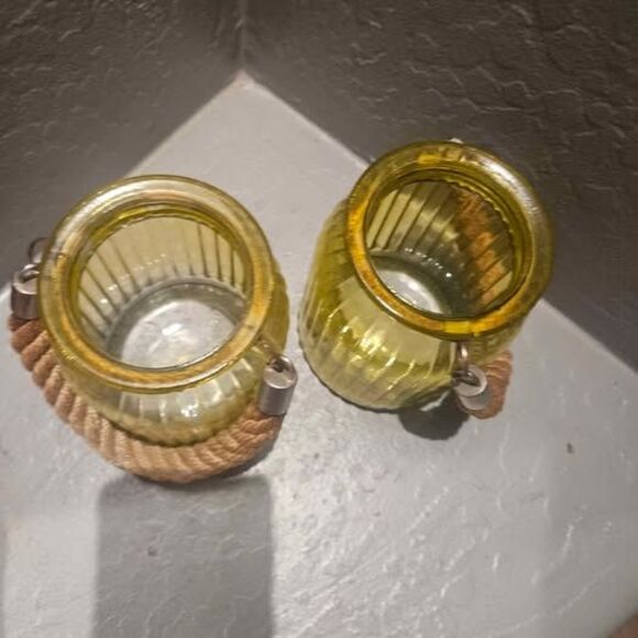 Set of 2 Nantucket Home Yellow Glass Candle Holders Lanterns with Rope Handles - Picture 3 of 5